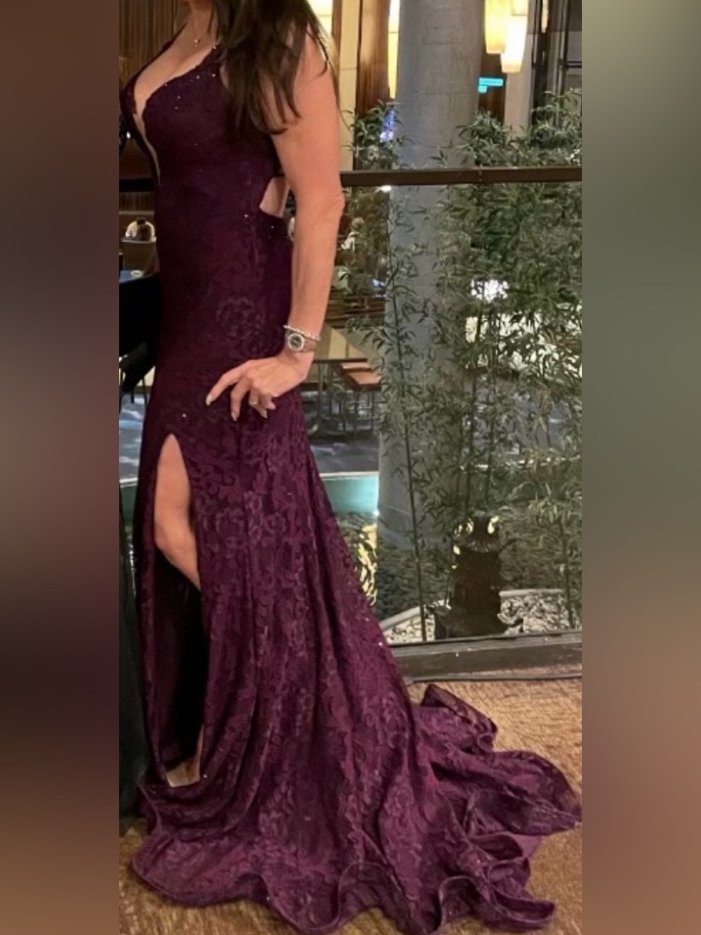Elegant Plum Lace Evening Gown with Side Slit